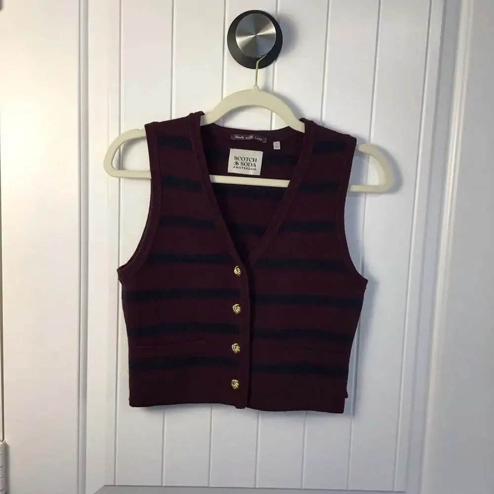 Scotch & Soda Striped Sweater Vest XS Burgundy Navy Blue V-Neck Dark Academia